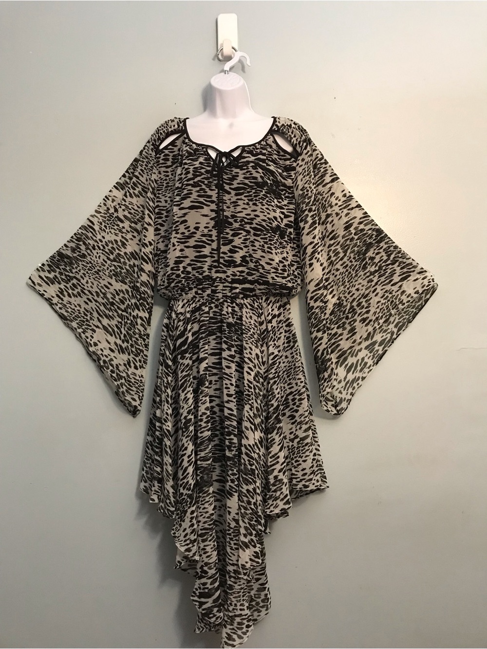 Boho Sheer Leopard Print Bell-Sleeve Dress in Beige and Black